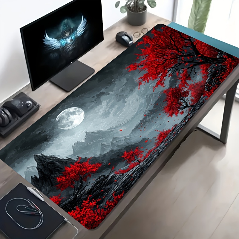 Desk Setup Red - Red Tree Moon Landscape Extended Gaming