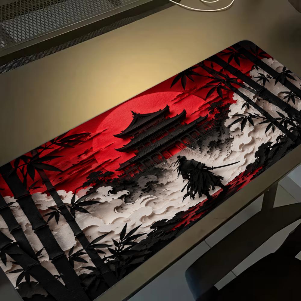 Desk Setup Red - Samurai Red Moon Mouse Pads Pc