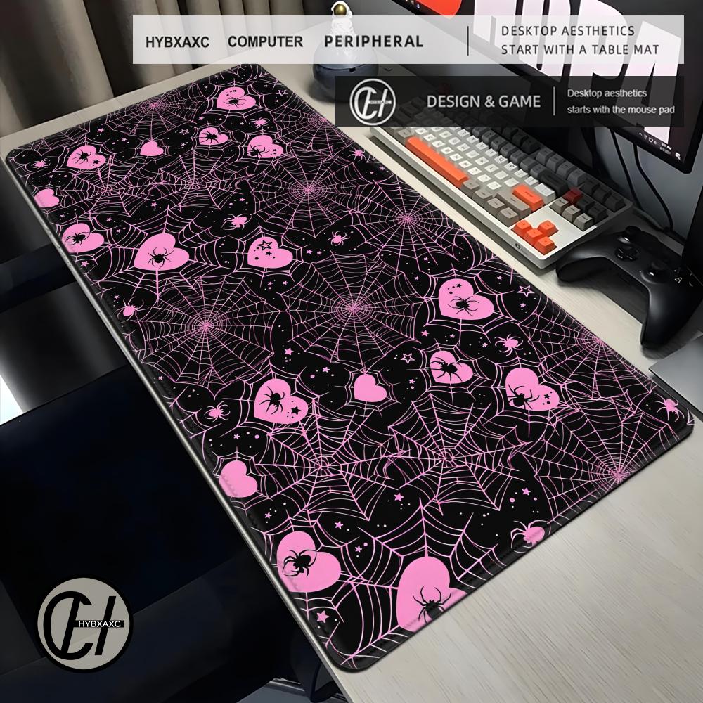 Desk Setup With Laptop - 90x40 White or Pink Spiderweb Hearts