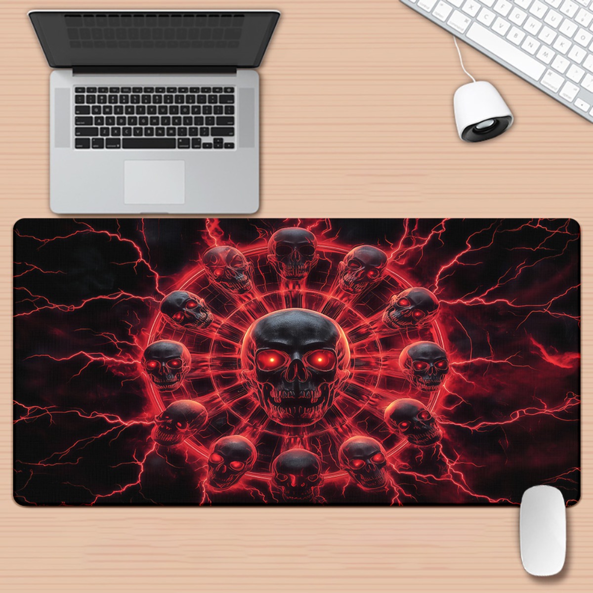 Desk Setup Red - Gothic Skull Pentagram Gaming Desk Mat