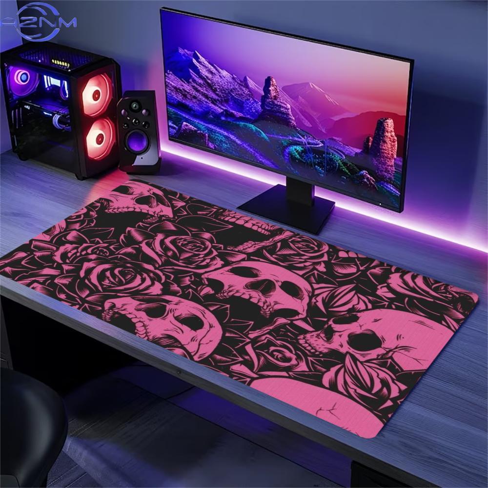 Desk Setup With Laptop - Pink Rose Skull Extended Desk Mat