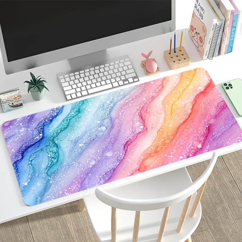 Desk Setup With Laptop - Vibrant Rainbow Glitter Marble Large Mouse