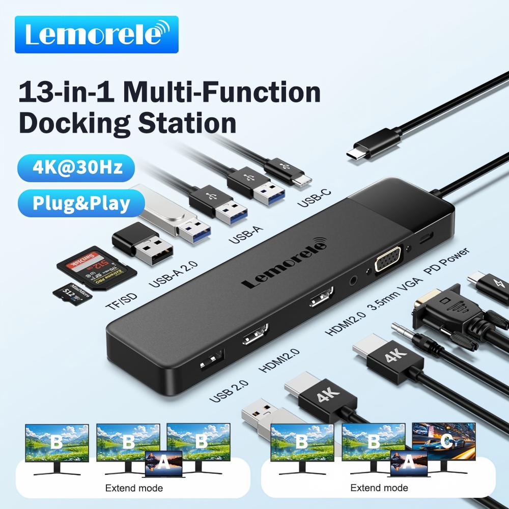 Desk Setup Usb Hub - Lemorele 13-in-1 USB C HUB 4K30Hz
