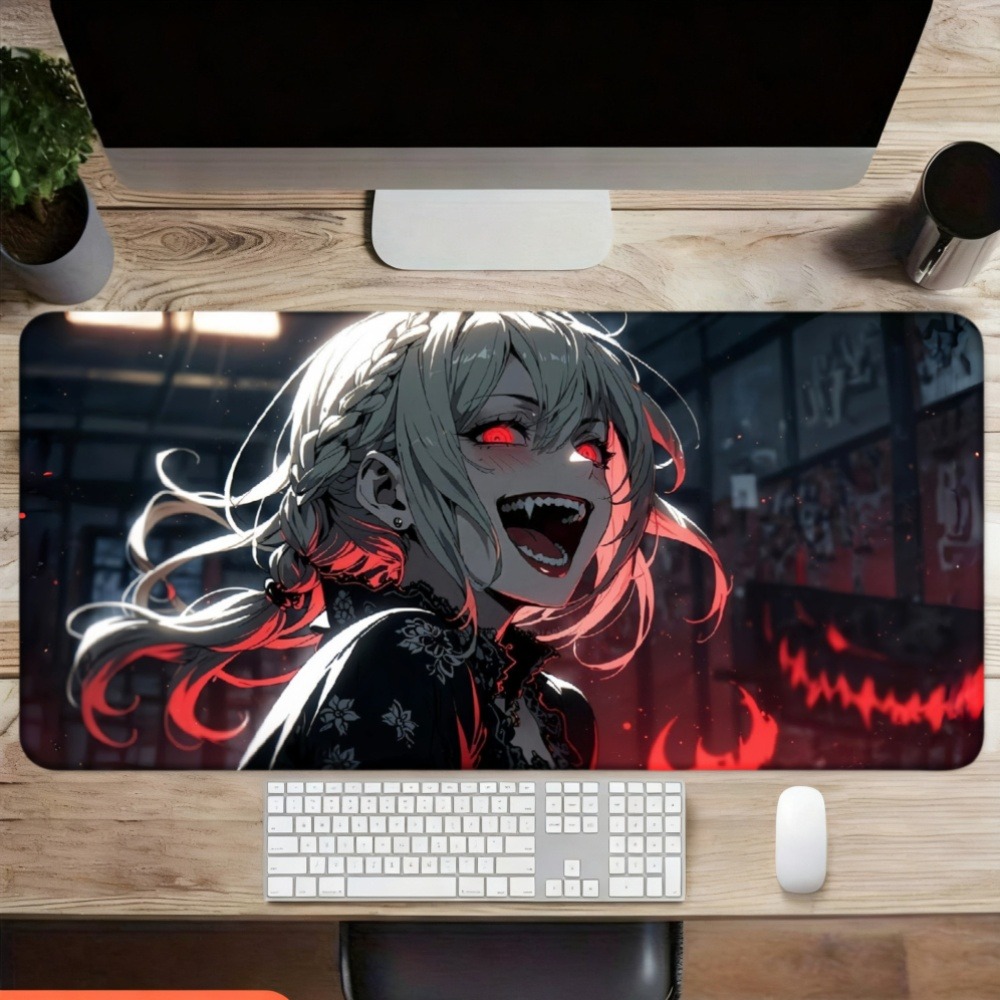 An anime girl with red flames  - Desk Setup Red recension och pris
